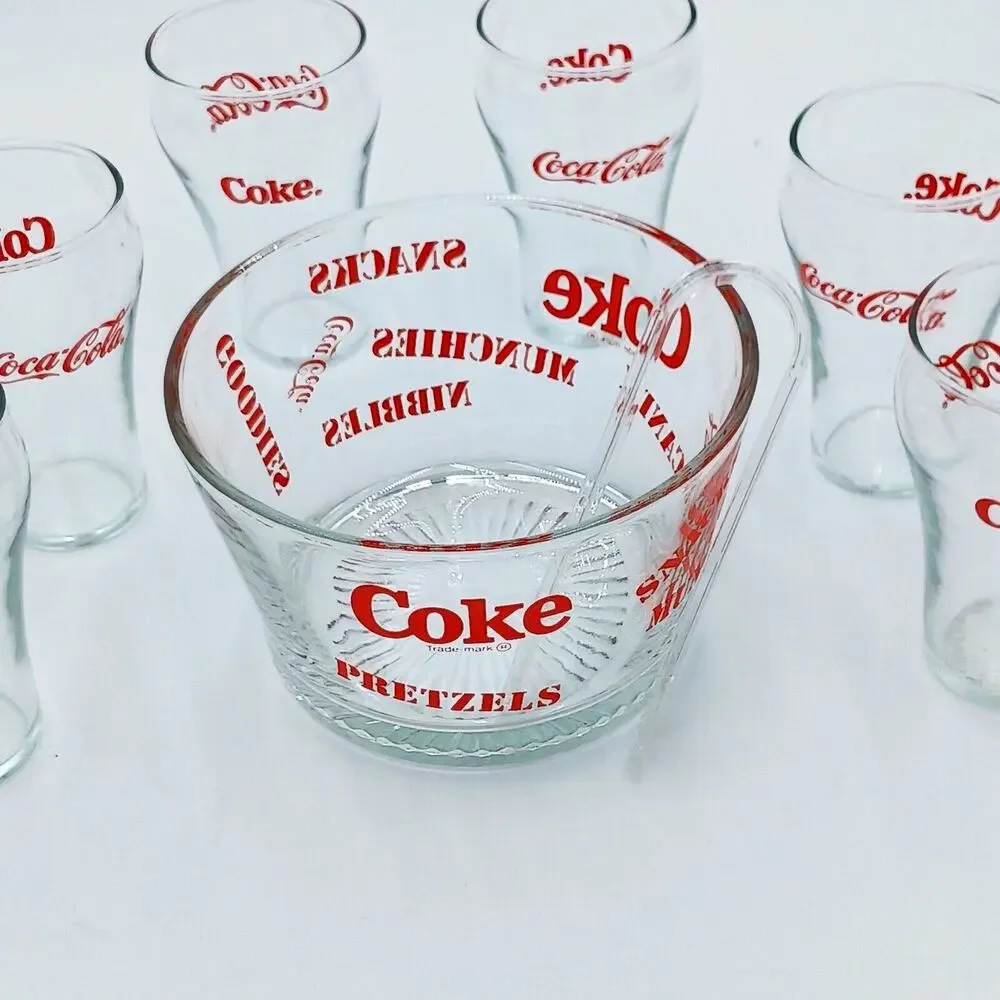 Vintage‎ Coca-Cola Ice Bowl/Snack Bowl with 6 Matching Coca-Cola Glasses